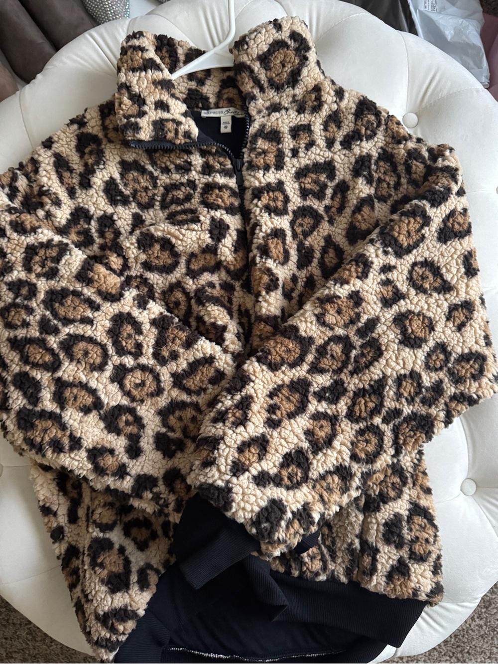 Express Leopard Print Sherpa Jacket in Beige and Black